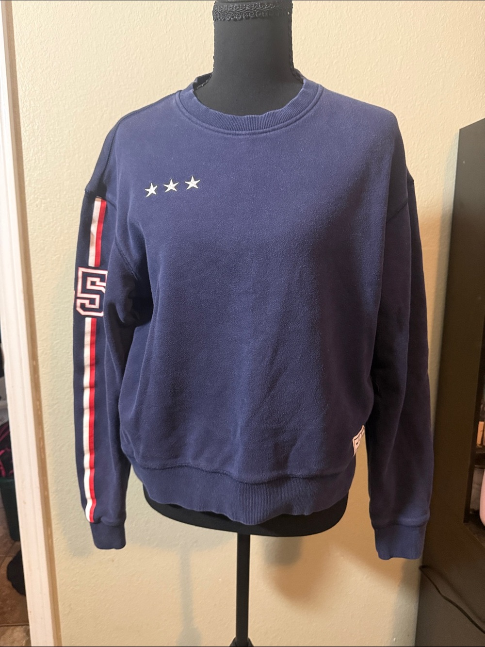 Navy Crewneck Sweatshirt with Star and Stripe Sleeve